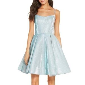 Mac Duggal shimmering ice fit and flare prom glitter light blue mini ieena